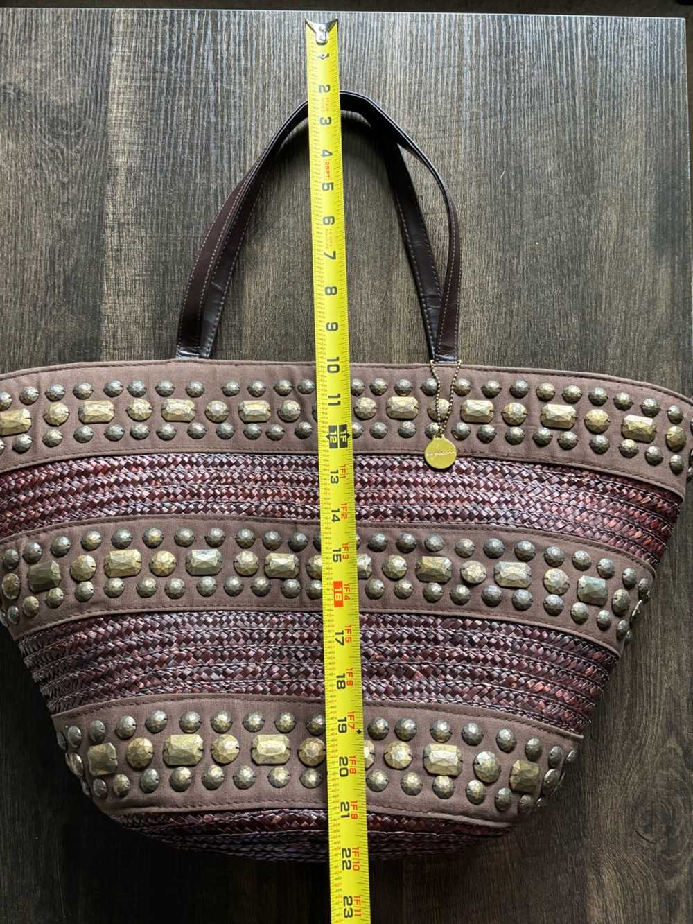 Big Buddha Brown Woven Straw Studded Boho Shoulder Tote Bag - Picture 6 of 8